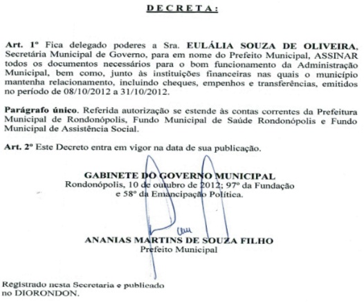 Decreto foi publicado na edi&ccedil;&atilde;o do dia 10 de outubro no Di&aacute;rio Oficial de Rondon&oacute;polis