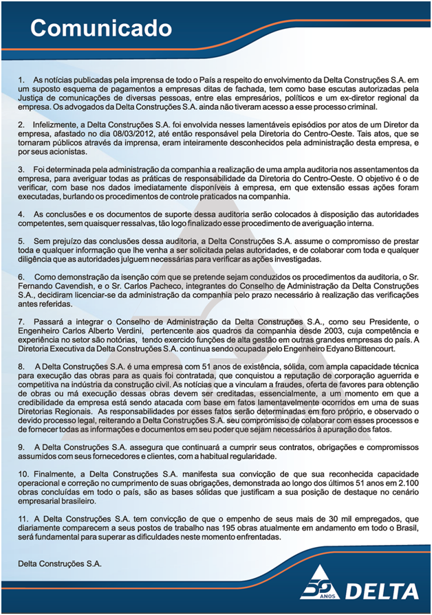&Iacute;ntegra da nota encaminhada &agrave; imprensa pela Delta