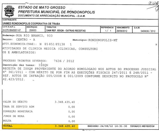 Boleto emitido ap&oacute;s acordo feito pela atual gest&atilde;o foi quitado no dia 28 de agosto deste ano, mas s&oacute; veio a p&uacute;blico agora