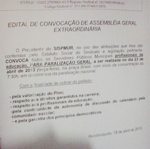 Edital convocando para 'paraliza&ccedil;&atilde;o' foi distribu&iacute;do nos &oacute;rg&atilde;os p&uacute;blicos municipais