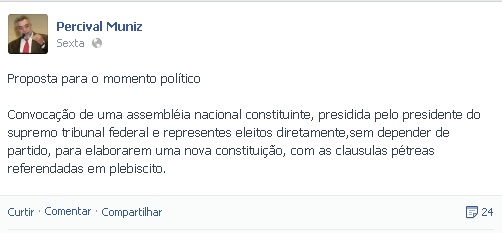Em mensagem publicada na &uacute;ltima sexta-feira, prefeito sugeriu constituinte liderada por Joaquim Barbosa, do STF.