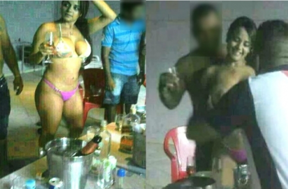 Em outras fotos que circulam pela internet ela aparece bebendo e dançando na companhia de dois homens - Foto Internet