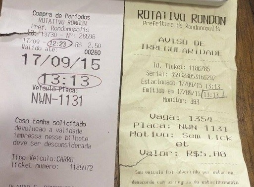 O ticket que encurta hora em dez minutos e o comprovante de notificação emitida pelo Rotativo contra o usuário por usar os 60 minutos por que pagou - Foto Usuário