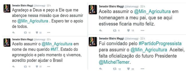 Nas redes sociais, senador Maggi confirma e aceita convite para assumir Minist&eacute;rio da Agricultura Foto - Reprodu&ccedil;&atilde;o