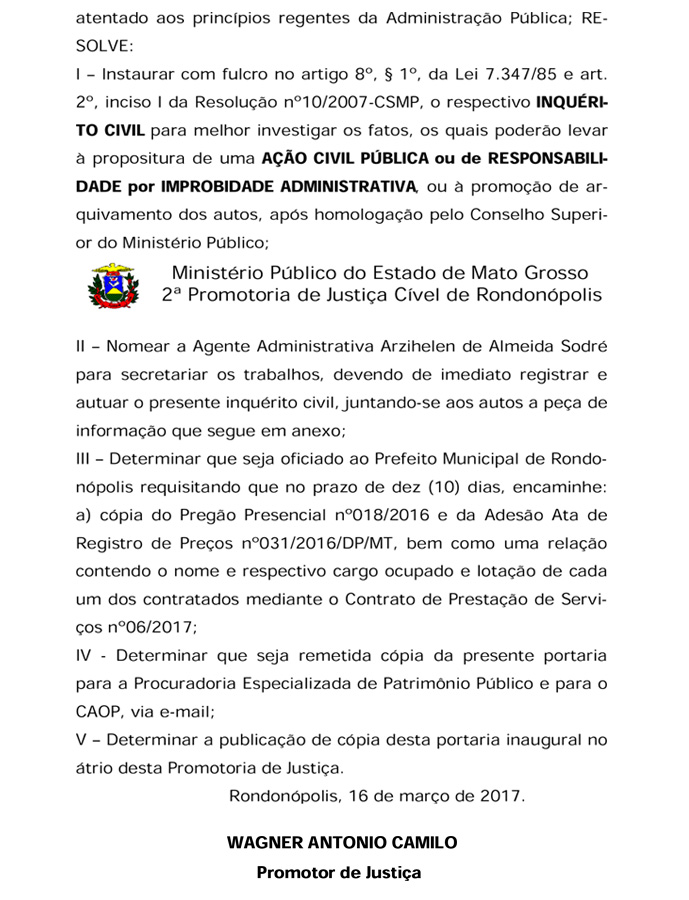 Minist&eacute;rio P&uacute;blico indaga a Prefeitura sobre o contrato com a Coopervale. Imagem da Portaria N&ordm; 11/2017 