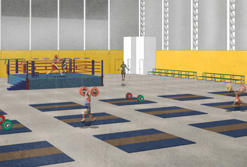Uma das v&aacute;rias configura&ccedil;&otilde;es do complexo esportivo, boxe Ilustra&ccedil;&atilde;o