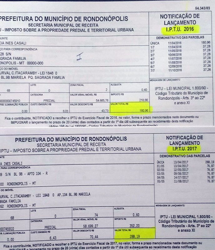 Contas de 2016 para 2017 com mais de 50% de aumento. Imagem: boleto de contribuinte