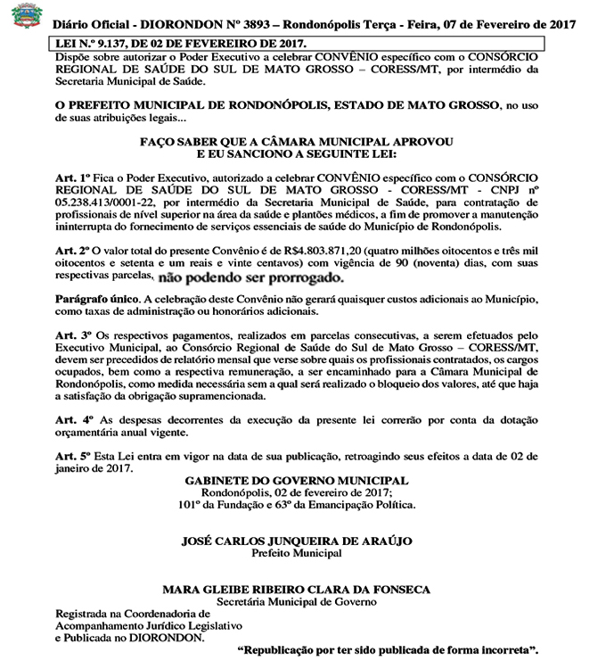 Republica&ccedil;&atilde;o consta no Di&aacute;rio Oficial n&ordm; 3893. Foto: Reprodu&ccedil;&atilde;o