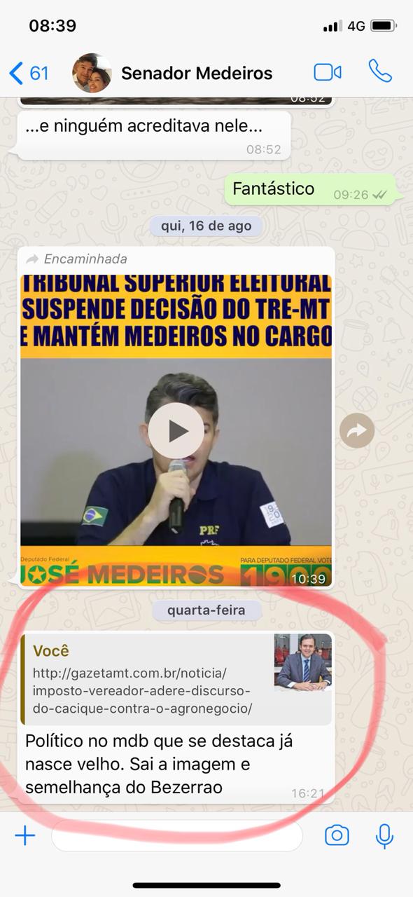 Print das palavras escrita do Senador Jos&eacute; Medeiros. (Foto: reprodu&ccedil;&atilde;o)