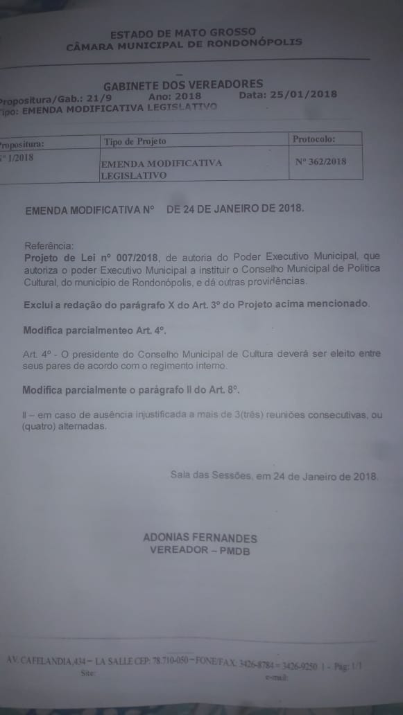 Em janeiro, a emenda modificativa foi apresentada pelo vereador Adonias Fernandes