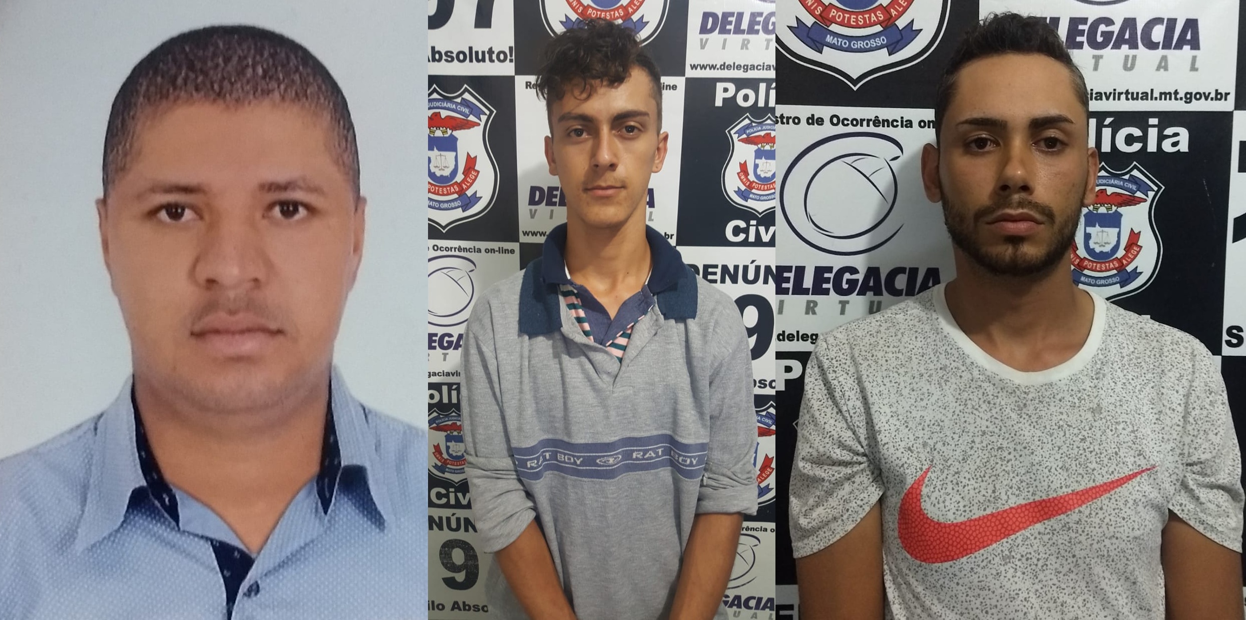 Tiago (apontado como mandante), Jo&atilde;o Vitor (confessou ter efetuado os disparos) e Gilmar (afirmou ter pilotado a motocicleta utilizada no crime). (Foto: divulga&ccedil;&atilde;o PJC/MT)