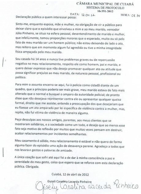 Declaração feita e assinada por Gisely Pinheiro