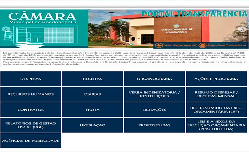 Portal da Transparência da Câmara de Rondonópolis está disponível temporariamente em novo link