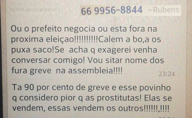 Pelo WhatasApp, presidente do Sispmur chama servidores de 'prostitutas'