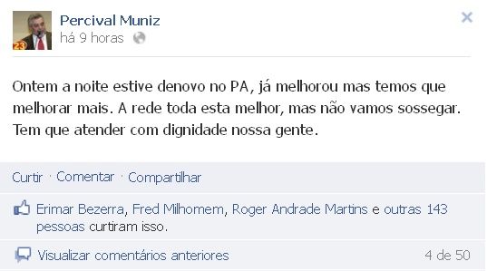 Após vistoria no PA, Muniz usa rede social para comentar situação na rede pública de Saúde