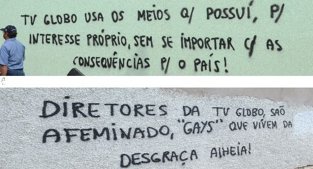 Pichadores sujam a cidade com mensagens homofóbicas contra a Globo