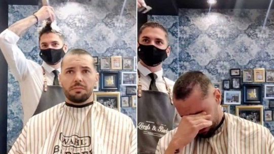 Barbeiro raspa o próprio cabelo em solidariedade a amigo com câncer Foto: Reprodução/TikTok