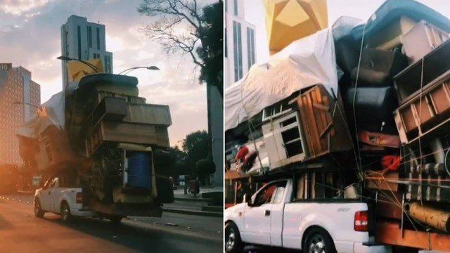 Picape leva incontáveis móveis na caçamba Foto: Reprodução/TikTok