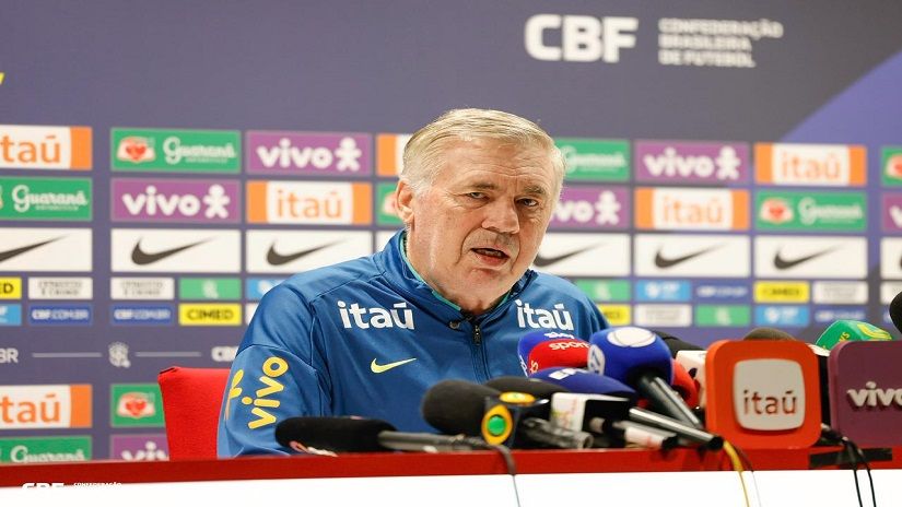 Carlo Ancelotti durante entrevista coletiva pela Seleção Brasileira no Emirates Stadium, na véspera do amistoso com Senegal Créditos: Rafael