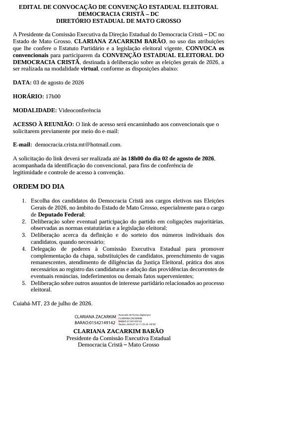 EDITAL DE CONVOCAÇÃO DE CONVENÇÃO ESTADUAL ELEITORAL DEMOCRACIA CRISTÃ