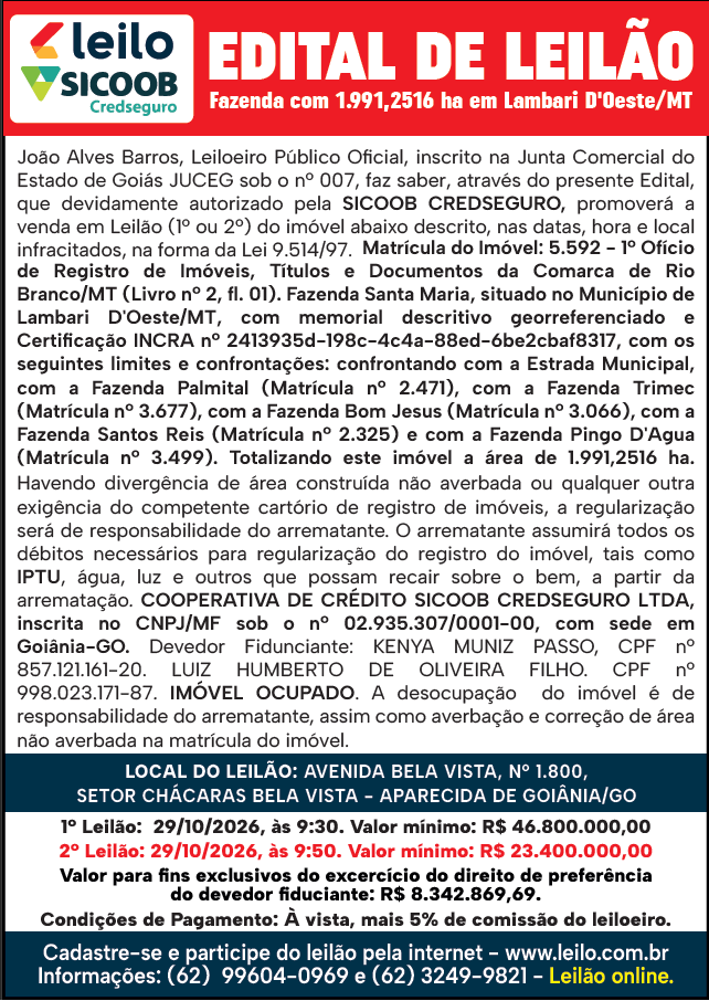 Fazenda com 1.991,2516 ha em Lambari D'Oeste/MT